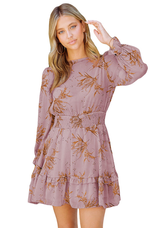Lantern Sleeve Deep V Neck Knotted Tiered Mini Dress